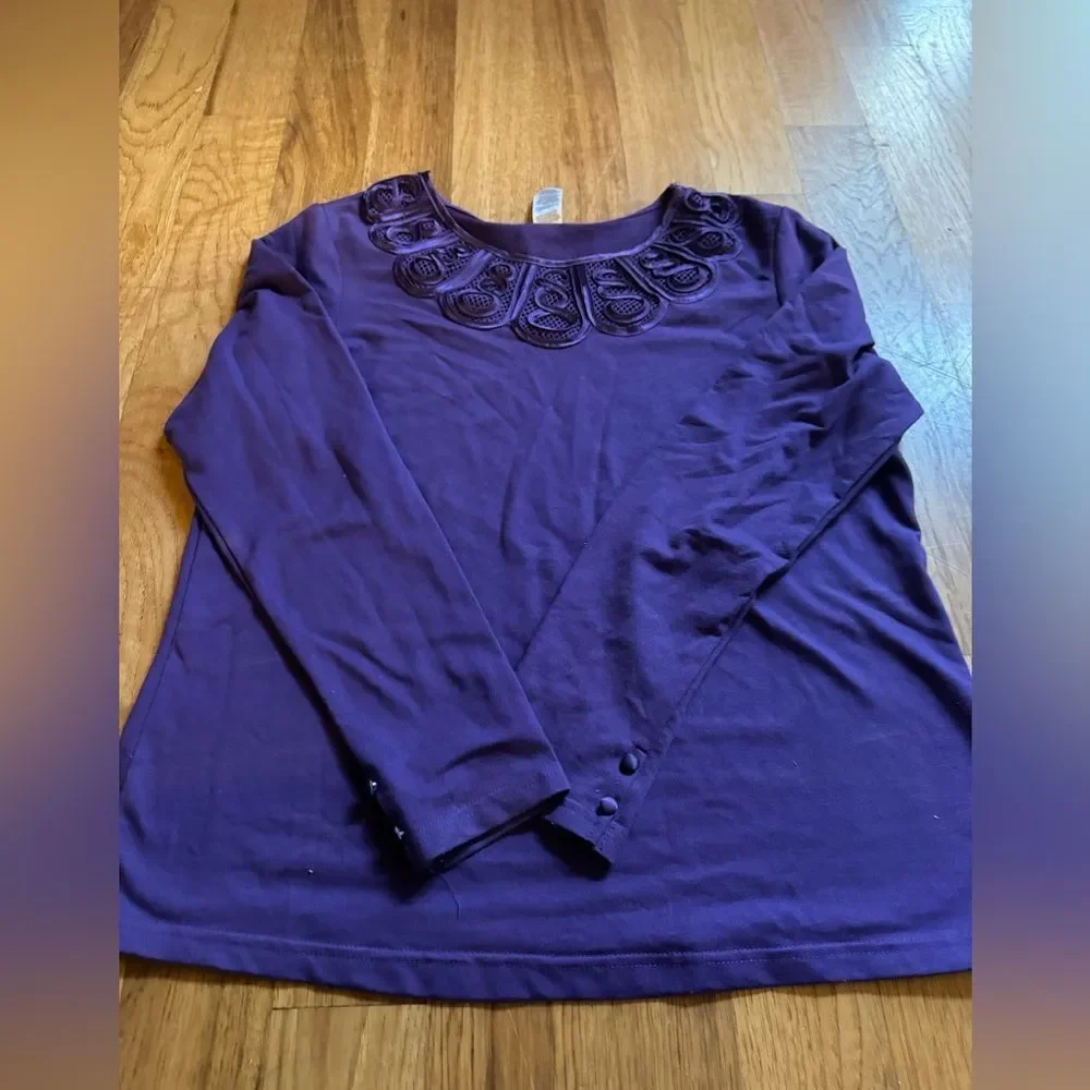 Avon Soutache Embroidery Purple Long Sleeve Tshirt Top Size Women's XL - Picture 2 of 13